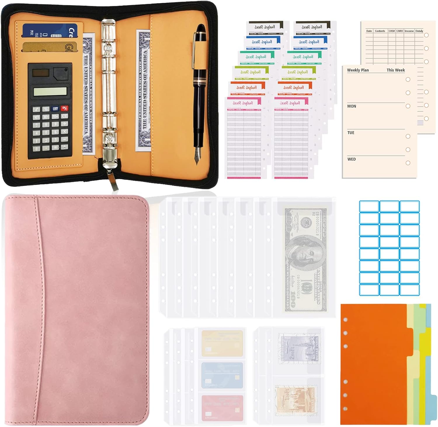 LSAMA A6 Ring Leather Binder, Budget Binder with envelopes, Money