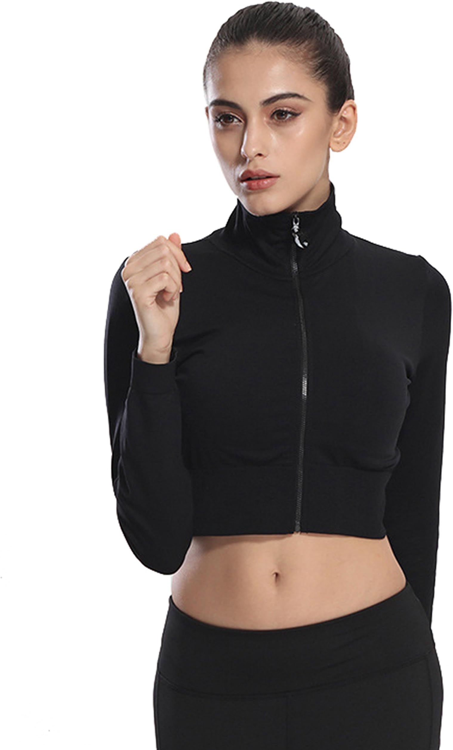 Women's Sexy Fitness Crop Top Jacket Sports Gym Workout Running Jacket Zip Up Long Sleeve Athletic Yoga Shirt