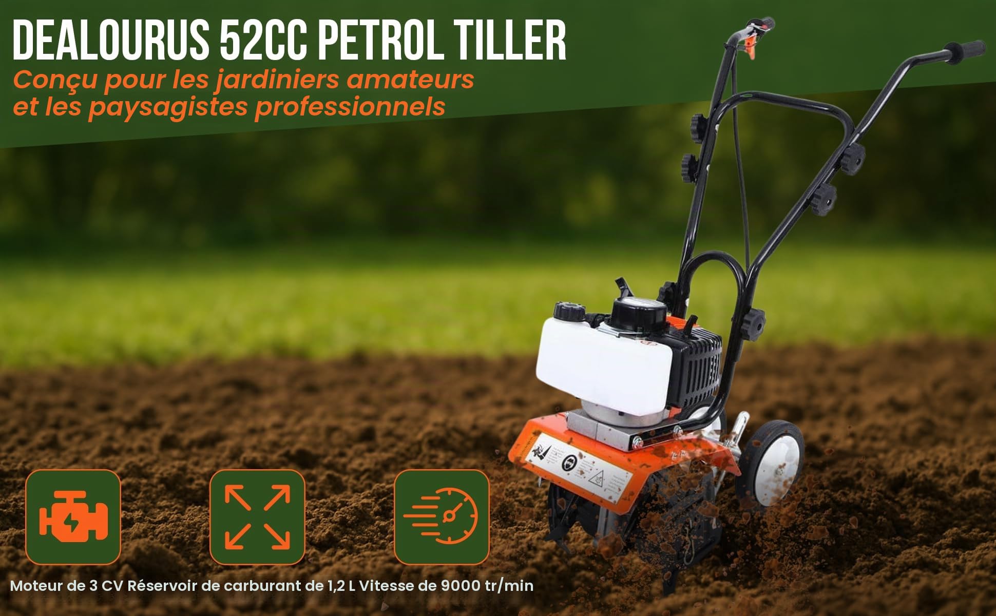 Dealourus - Motoculteur avec moteur à essence 52 cm³ - 3 CV- 2 temps - Léger, compact et puissant - Poignées sûres - Conçu pour être durable et robuste