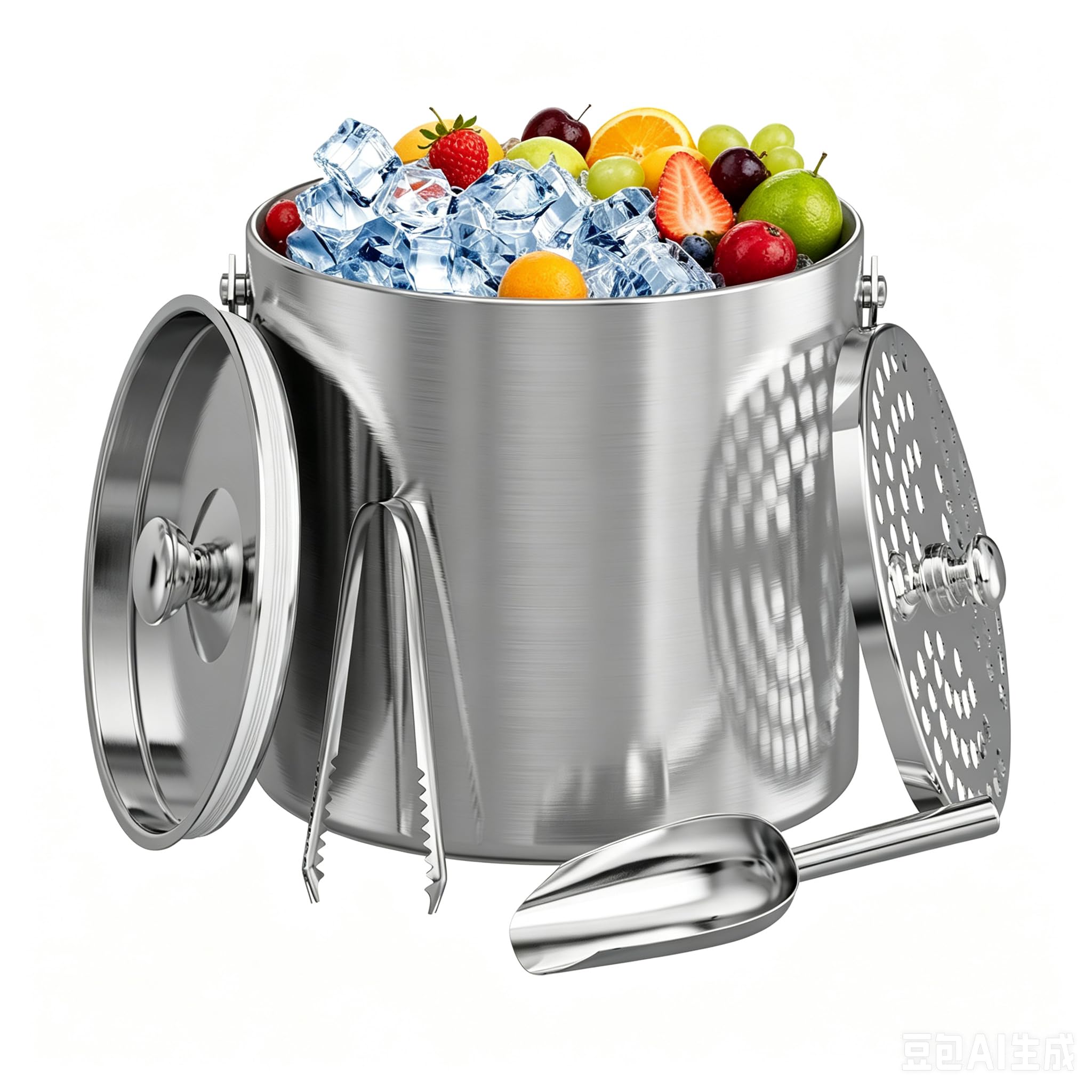 Secchiello per ghiaccio per feste, 3 litri, isolato, con coperchio, paletta per ghiaccio e colino, per cocktail bar, portatile, in acciaio inox, a doppia parete, mantiene il ghiaccio freddo e