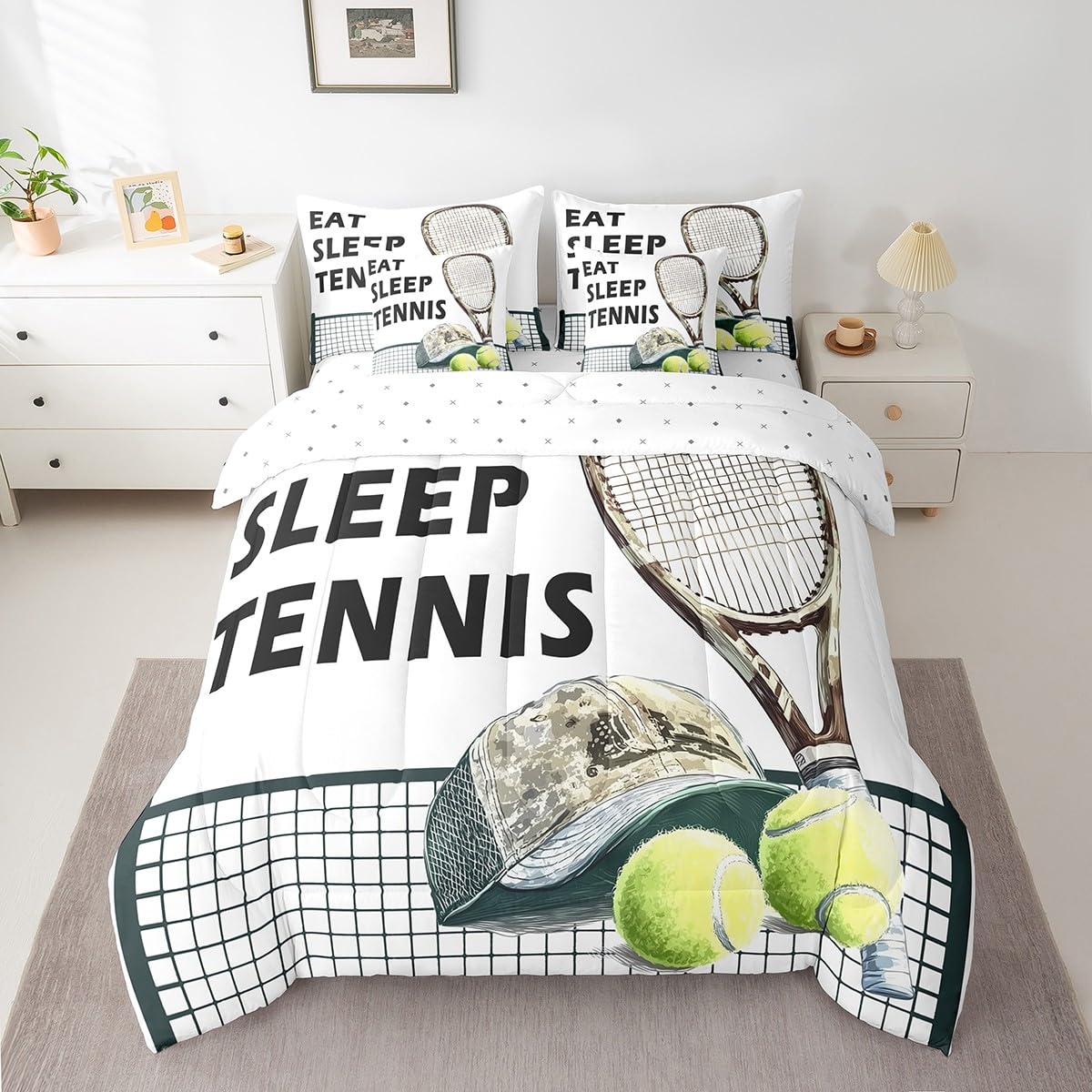Tennis Comforter Set 7 Pieces,Kids Boys Tennis Rackets and Ball Bed Set,Sport Tennis Hat Bedding Bed in a Bag Soft,Twin (1 Comforter,2 Pillowcase,2