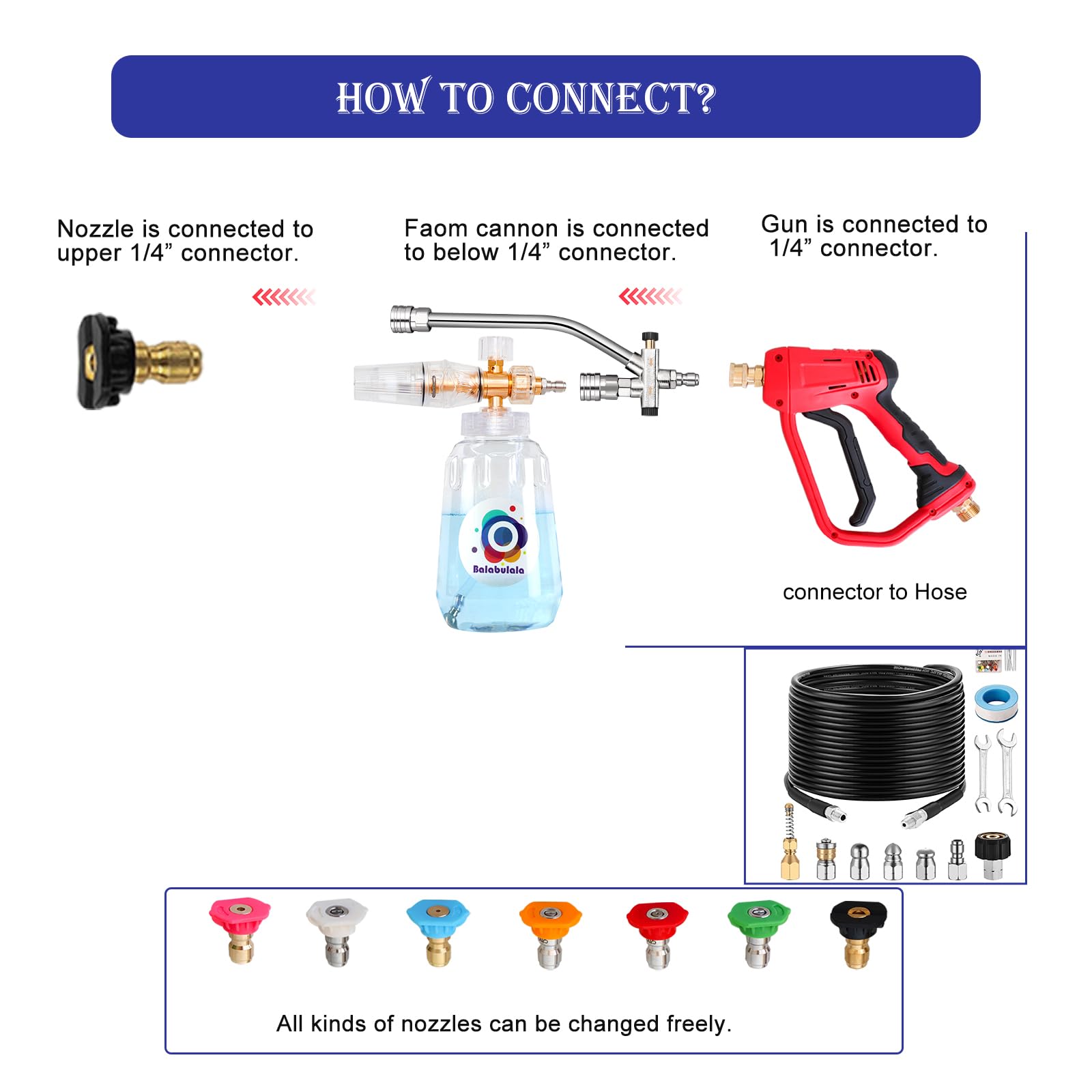 Cañón de espuma para lavadora a presión con conector doble, cañón de espuma Balabulala para coche con adaptador doble, M22 y conexión rápida de 1/4 pulgadas, 4200 PSI