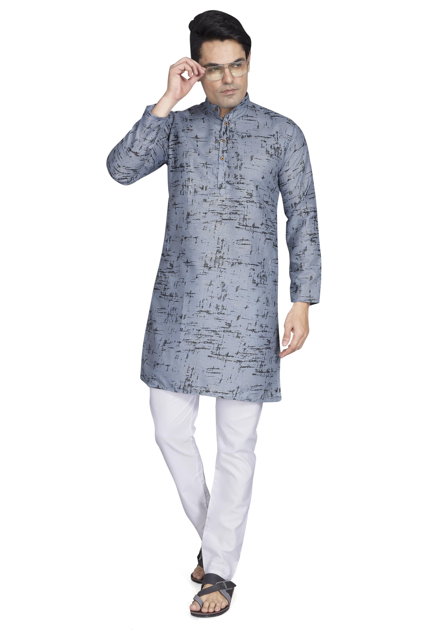 Divisive Men's Printed Cotton Blend Linen Slim Fit Kurta Pyjama Set (Dkrt873_M_Grey)