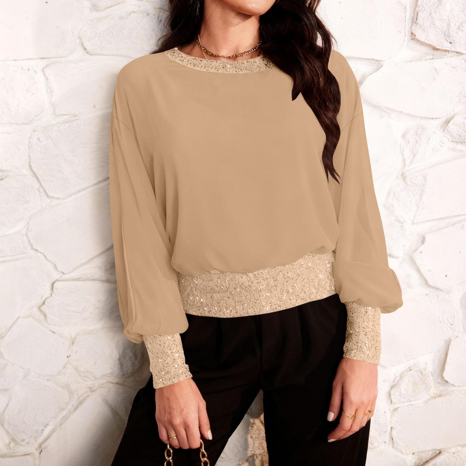 Long Sleeve Going Out Tops for Women Sequin Patchwork Top Spring Dressy Casual Blouses Loose Fit Crew Neck Tshirt
