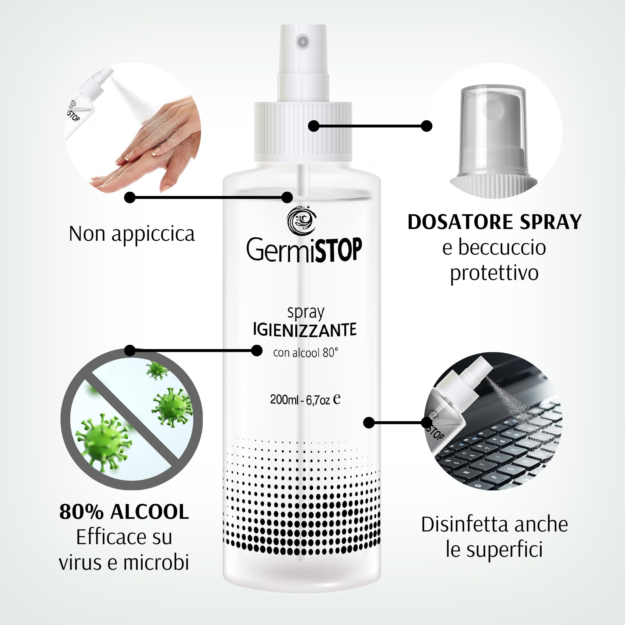 GERMISTOP Igienizzante Mani 3x200ml con Alcool 80% e Glicerina, Spray Igienizzante Superfici con Formula Potenziata