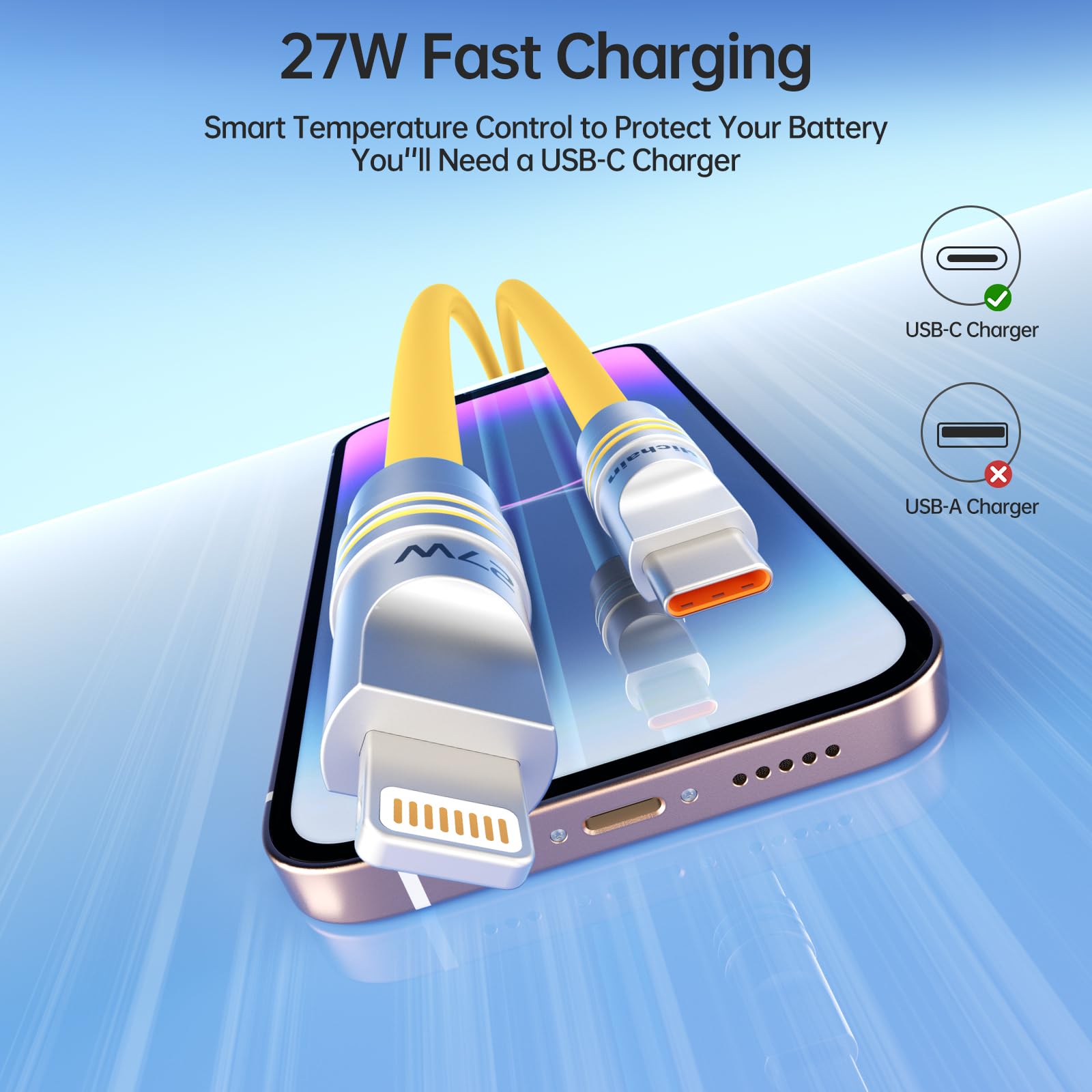 Hichain Cavo USB C a Lightning in silicone, confezione da 2 pezzi, 1,2 m, giallo, USB C 27 W, cavo di ricarica veloce tipo C, cavo Lightning per iPhone 14, 13, 12, 11, certificato MFi