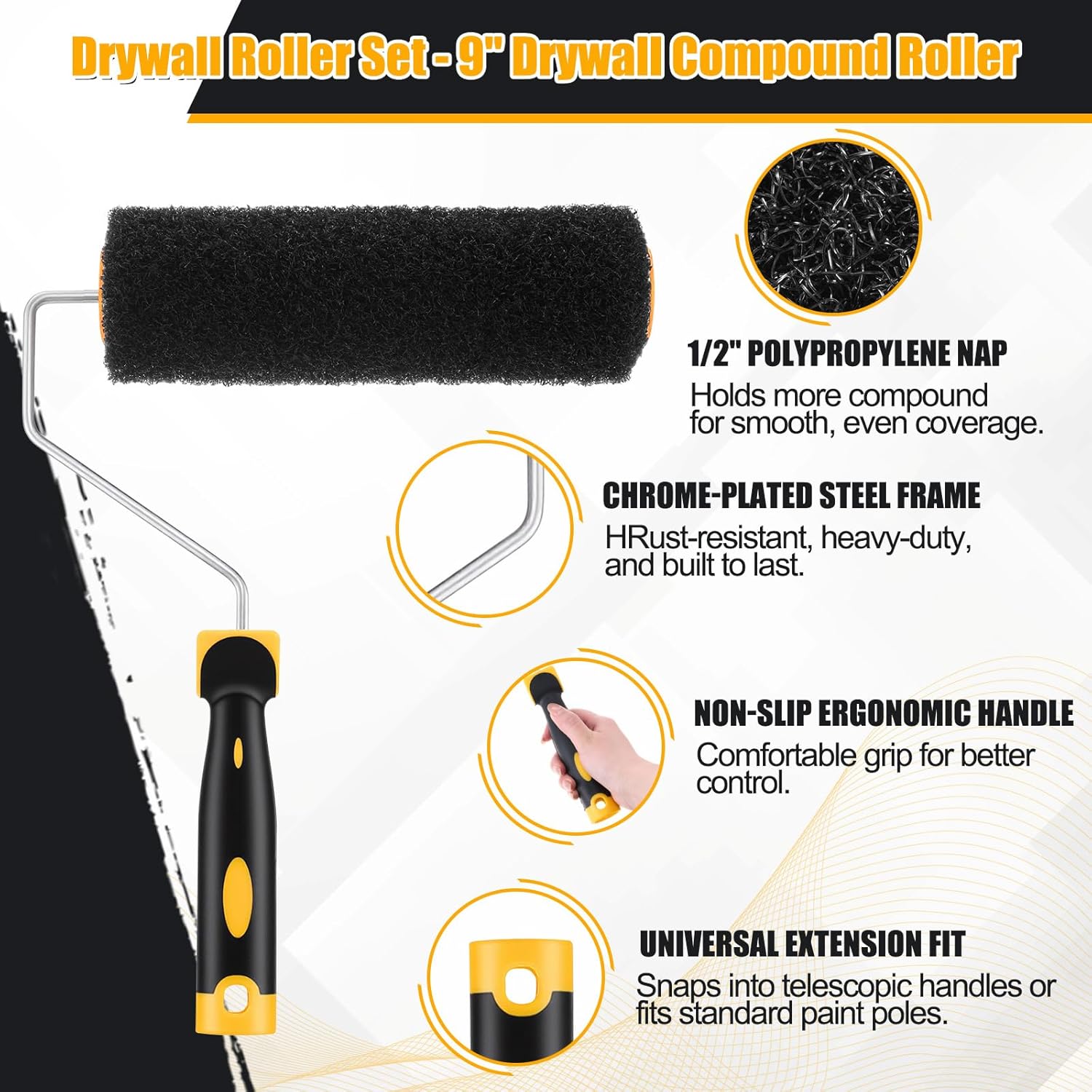 Chumia 9 Inch Drywall Roller Kit with Corner Roller - 1 Standard Frame + 1 Corner Frame, Each with 1 Replacement Cover, for Joint Compound, Drywall Mud & Paint Application