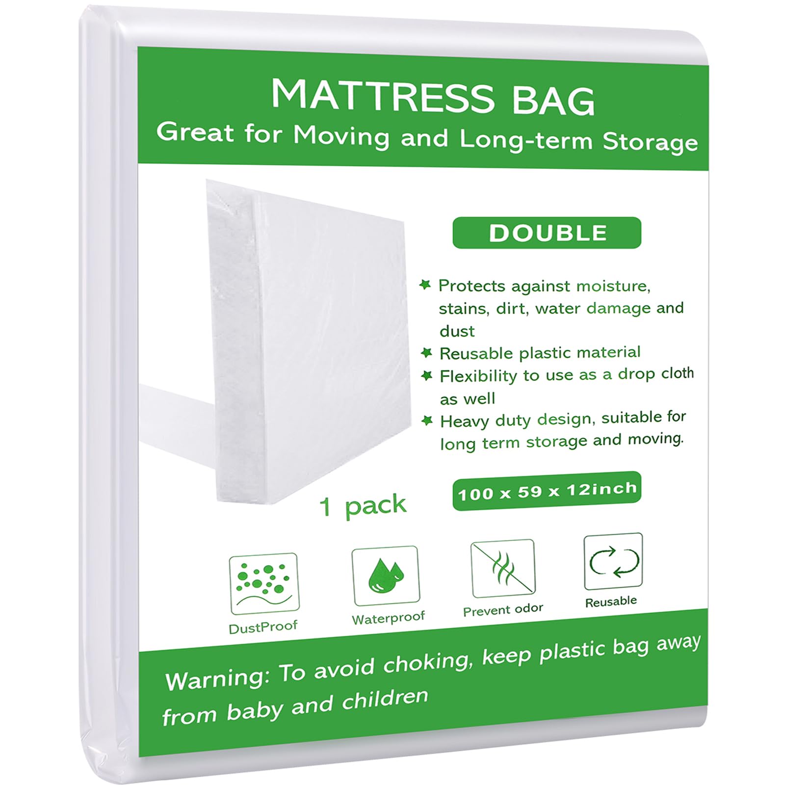 Double Size Mattress Bag for Moving and Storage, Waterproof Plastic Mattress Protector 2.76 Mil Heavy Duty Mattress Cover for Moving Double Size – 255 X 150 X 30cm