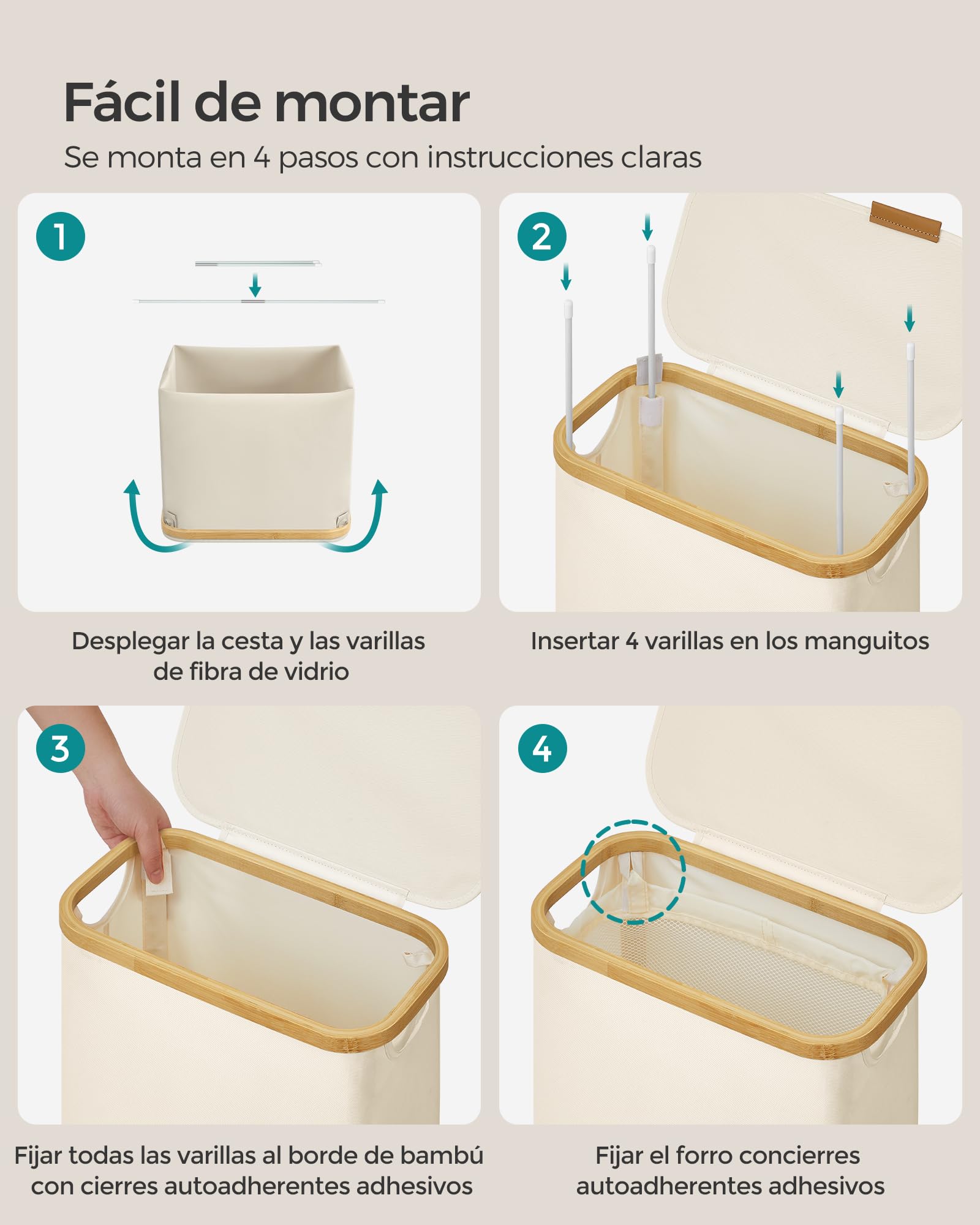 SONGMICS Cesto de Ropa Sucia con Tapa, Cesta Ropa Sucia Delgada, 65 L, Ahorra Espacio, Forro de Malla Extraíble, Tejido Oxford, Asas Bambú, Plegable, 42 x 22,5 x 70,5 cm, Blanco Crema LCB506W01