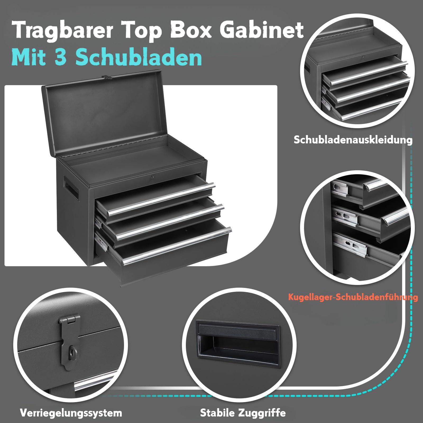 2 in 1 Werkstattwagen inkl.Koffer & 4 Fächer & verstellbarem Regal|werkstattwagen leer|Mobiler Werkzeug-Wagen ohne Werkzeug|Werkzeugaufbewahrung mit Schloss 100 kg Tragkraft|Metal |Rot