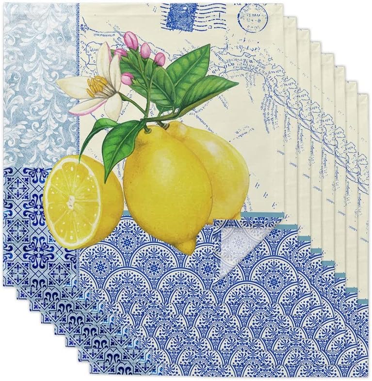 Blue and White Porcelain Texture Map Lemon Table Napkins Cloth Set for Party Wedding Decor Kitchen Dinner Napkins Cloth (Color : 6pcs, Size : 50x50cm) (4pcs 50x50cm)