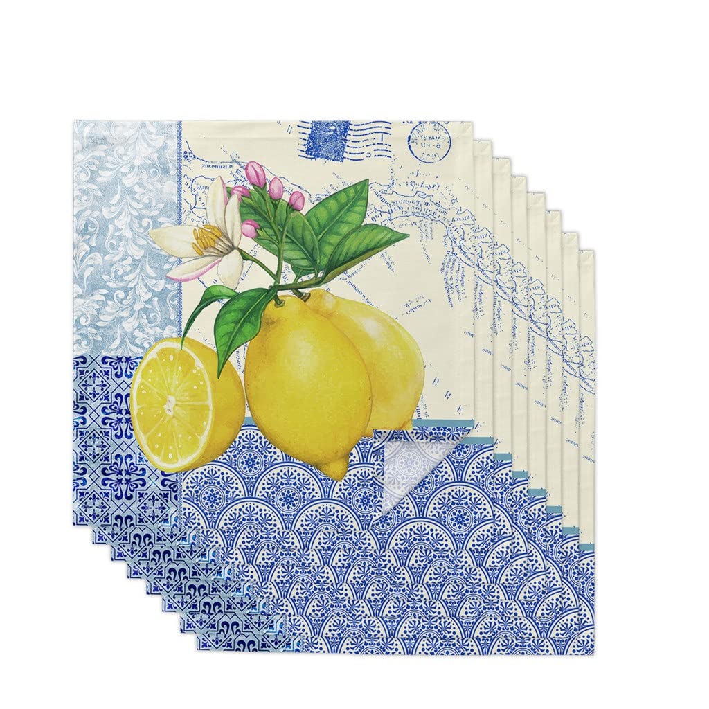 MOBYGKFY And White Porcelain Texture Map Lemon Table Napkins Cloth Set for Party Wedding Decor Kitchen Dinner