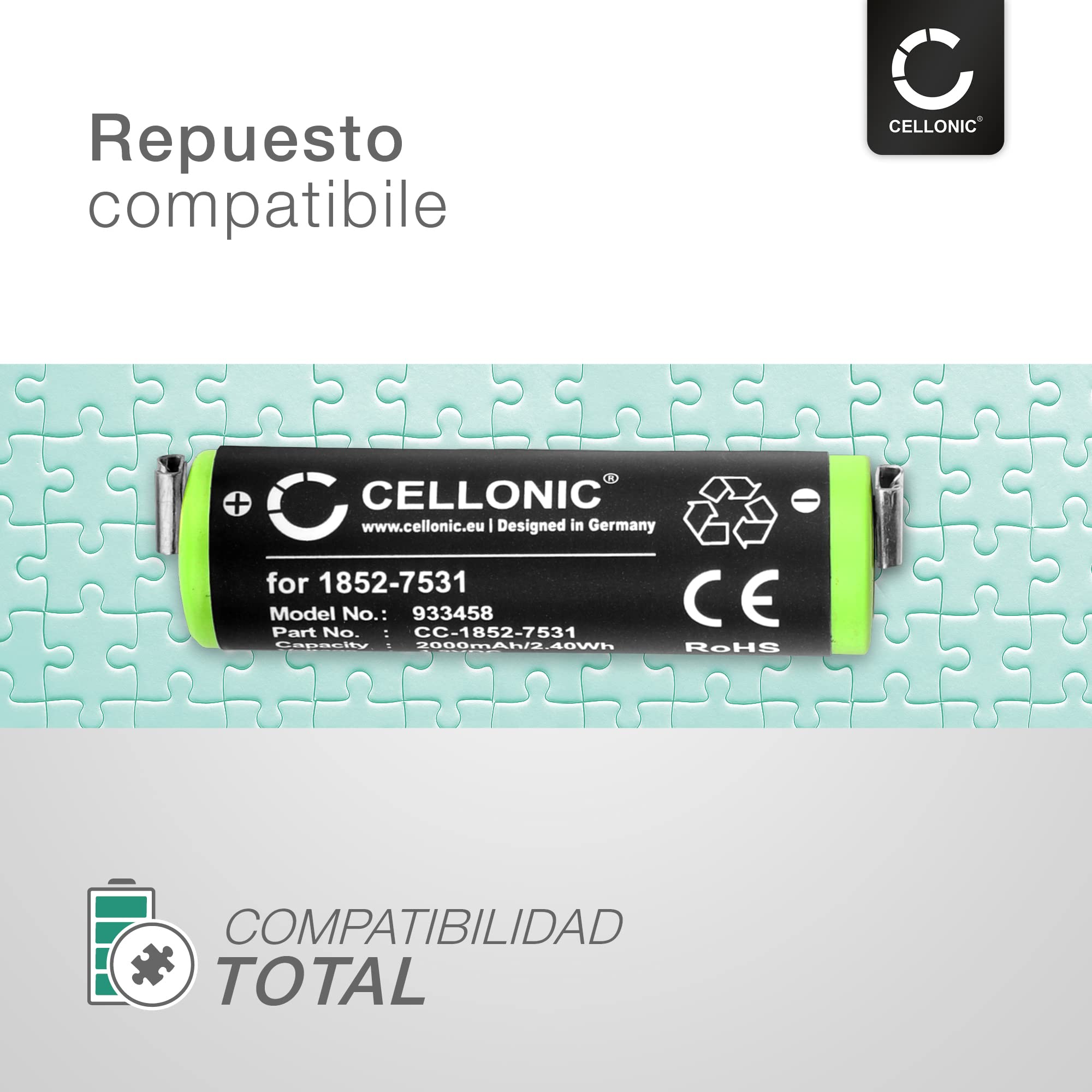 CELLONIC, Batería para Afeitadora Compatible con Moser ChroMini 1591Q, Contura 1591, 1852-7531 (1.2V, 2000mAh) 2 Unidades