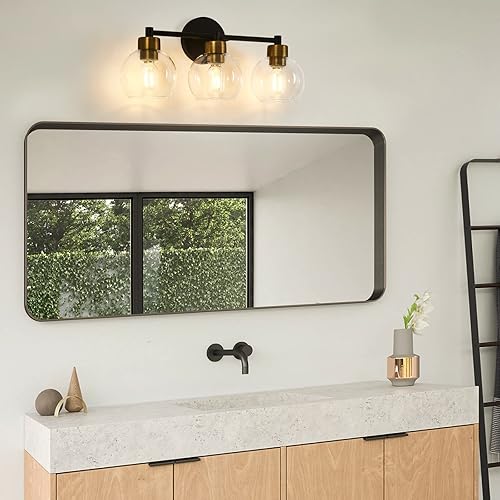 Miniatura 4 de Lámpara de baño, 3 luces negras y doradas, luces de baño sobre espejo con pantalla de vidrio y base de metal, luces de tocador para baño, escaleras,