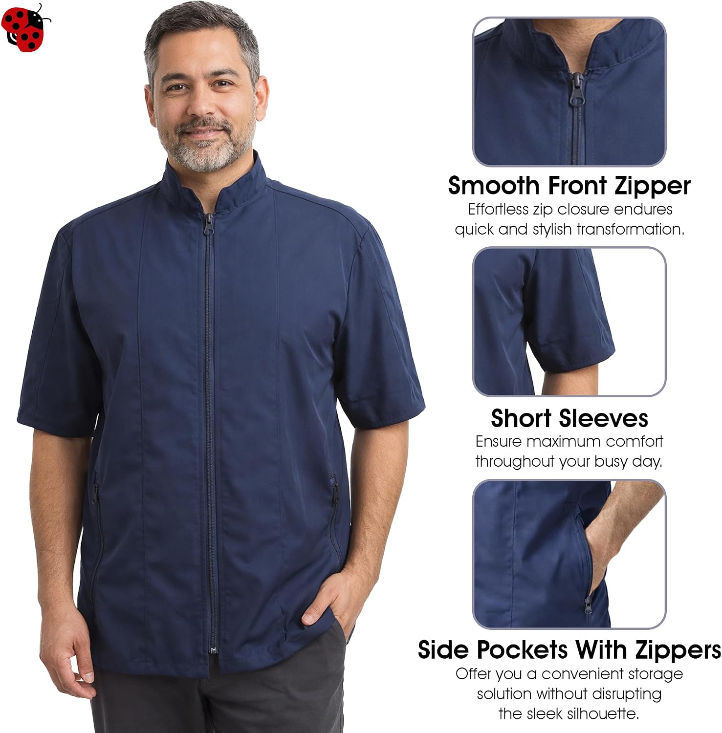 Ladybird Line 427 Unisex Navy Blue Water Resistant Grooming Jacket, Hair Bleach Resistant, 2 Front Pockets, Front Zipper