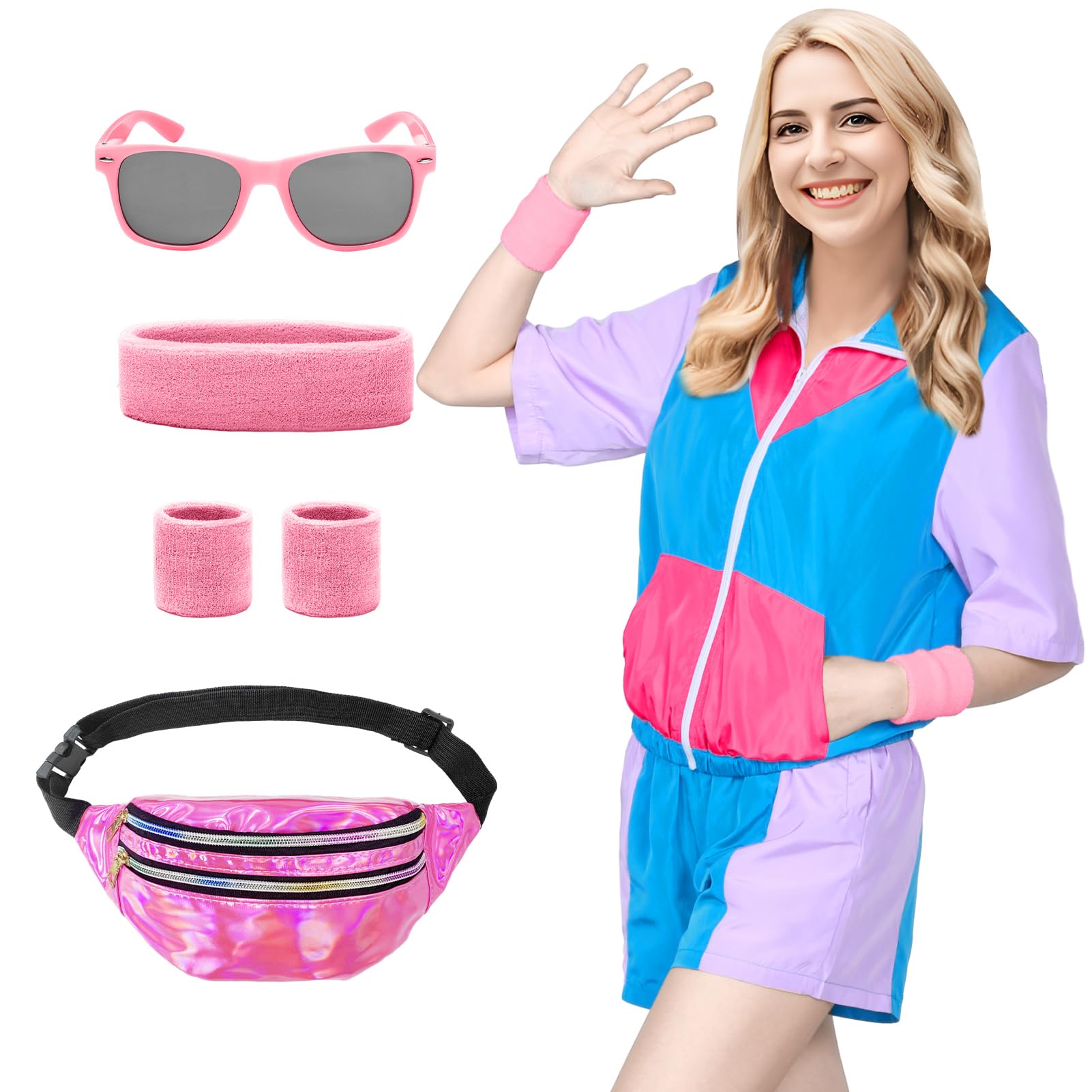 Partymall Women's Summer Tracksuit Jogging Suit Retro Sports Suit Performance Dance Wear with Belt Bag + Headband + Wrist + Glasses