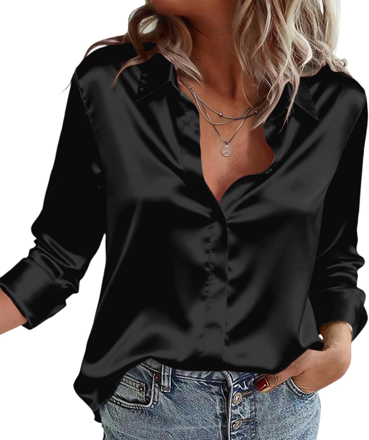 Zeagoo Satin Blouses for Women Casual Long Sleeve Button Down Silk Shirts Dressy Business Work Tunic Top