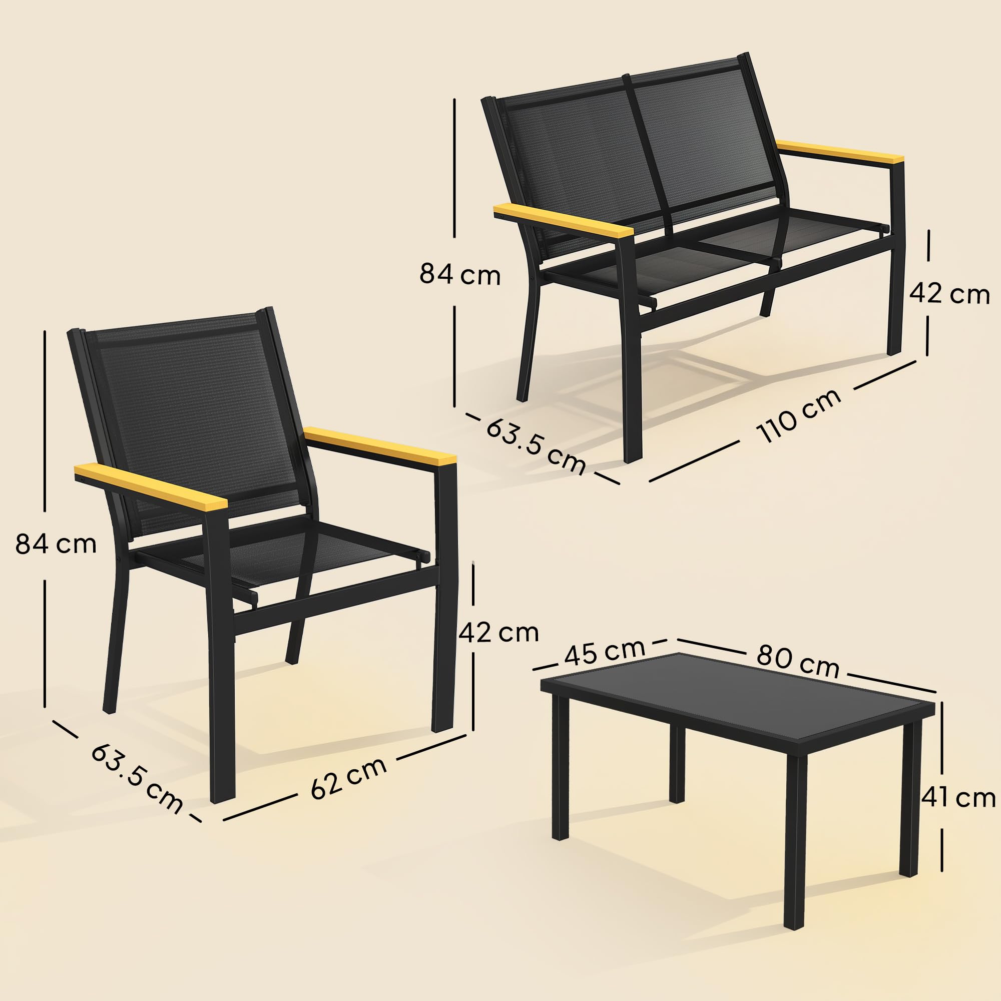 Outsunny Set Salotto da Giardino 4 Pezzi in Texteline, Set di Mobili da Giardino con Divano a 2 Posti, 2 Poltrone, Tavolino in Vetro Temperato, Braccioli Larghi, Salottino da Esterno, Nero