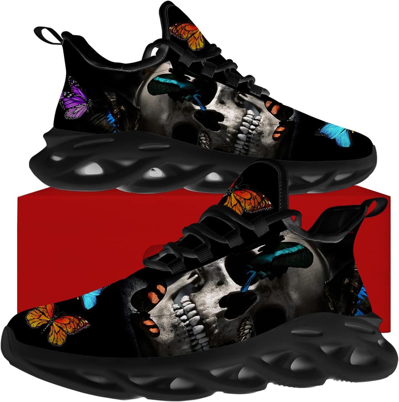 Ciadoon Skull Shoes for Women Men Road Running Cross Training Walking Tennis Lightweight Sneakers Retro Shoes Gifts for Him Her