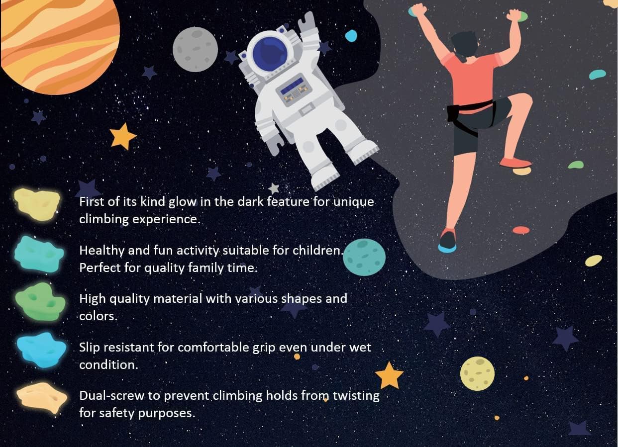 Glow-in-Dark Kids Rock Climbing Holds - 15 Luminous Glow in The Dark Colorful Holds, Install on Wall or Indoor/Outdoor Playset, with Easy DIY Instructions, White, Green, Pink, Blue, Orange