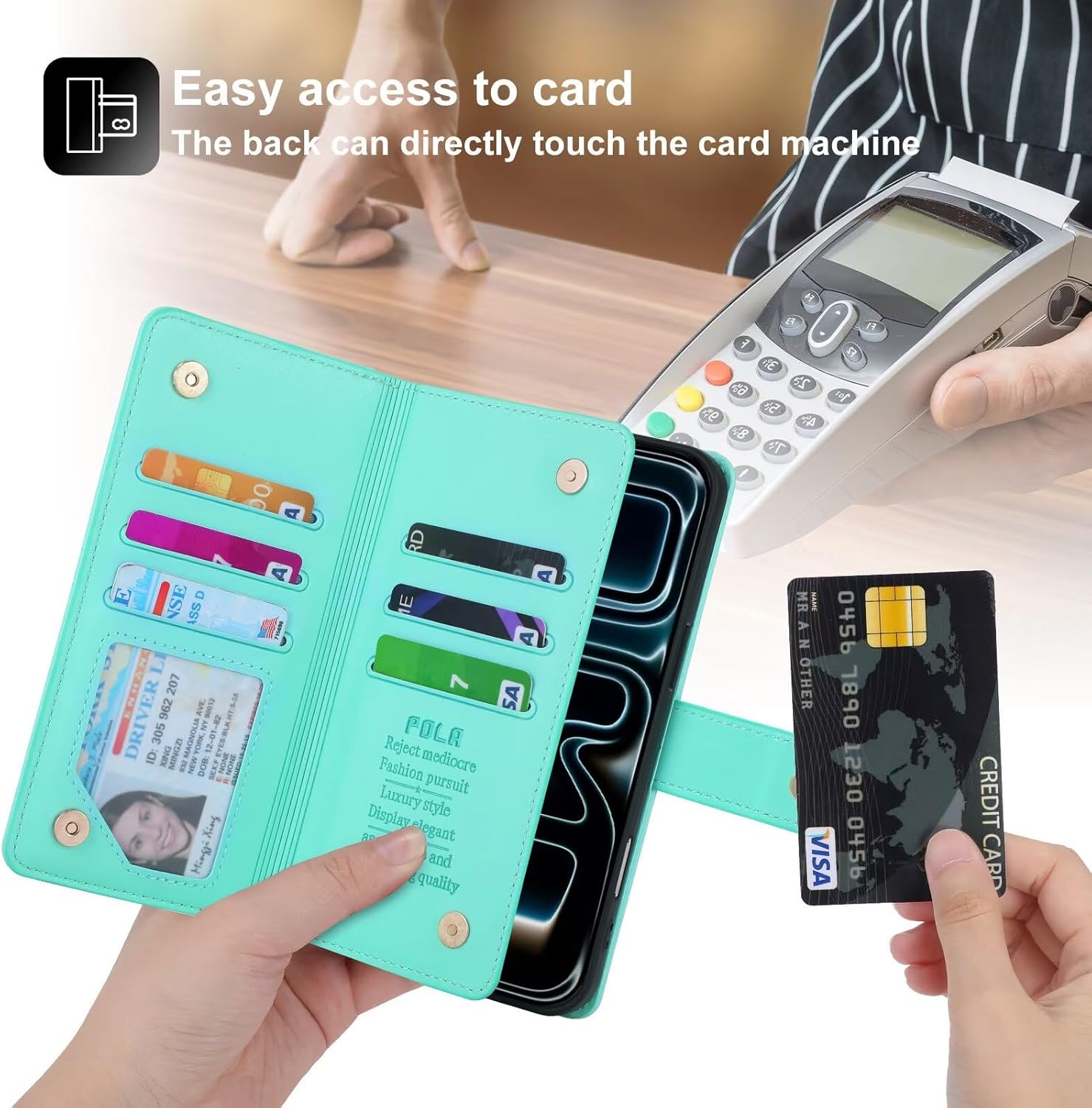 Wallet Case for iPhone 17 Air, Fashion PU Leather Heart Cover for Women Girls, Handbag Zipper Pocket Magnetic Shockproof Flip Phone Case with Wrist Strap Card Slot Kickstand Blue