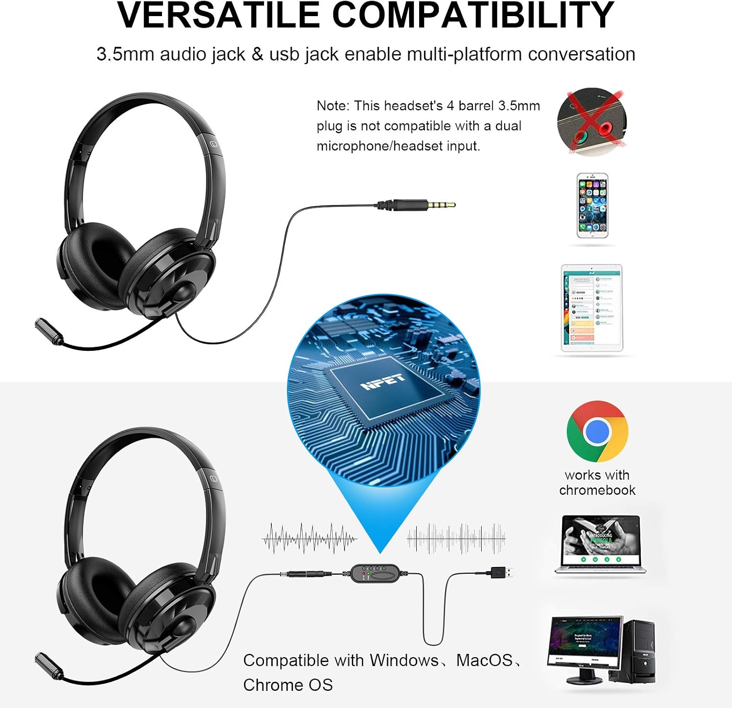 NPET CH10 USB Headset with Microphone Noise Cancelling & Audio Controls, 3.5mm Audio Jack Stereo Computer Headphones for PCs, Tablets, Skype, Webinar, Cell Phone, All-Day Comfort Design