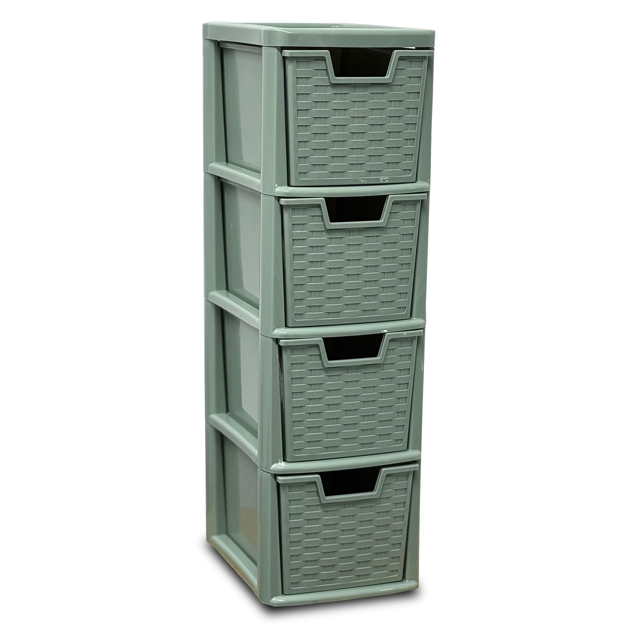 ALEEZ - 4 Drawer Plastic Storage Unit - Space Saving Multipurpose Medium Drawers - Rattan Design Home Office Storage Durable Draws - Tabletop, Desktop Drawers - (Sage Green, 4 Drawer) โ image 1