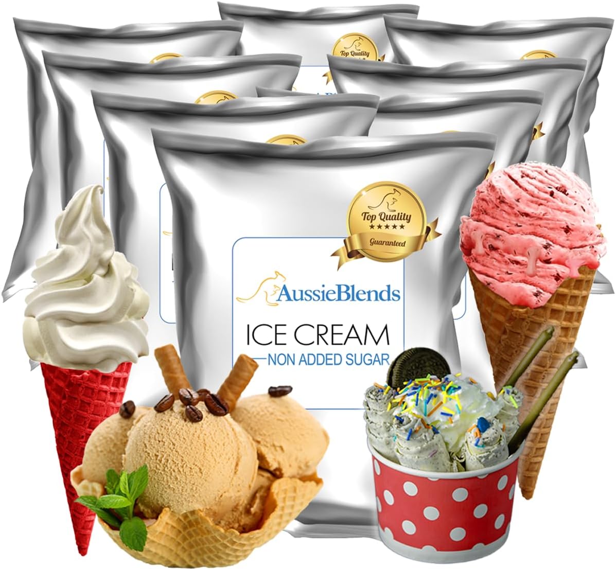 AussieBlends No Added Sugar Ice Cream Mix For Soft Serve, Milkshakes, Sundaes, and Frozen Desserts | Soft Serve Ice Cream Mix | 8-Pack, Imported