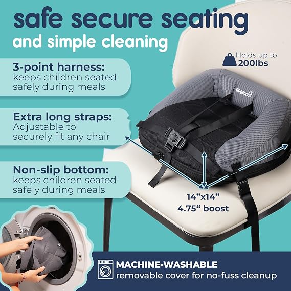 Hiccapop NeoBoost Inflatable Toddler Booster Seat for Dining Table Portable, Quick-Inflate Design Anti-Slip Base, Secure Straps, Easy-Clean Perfect for Home & Travel, Black/Gray