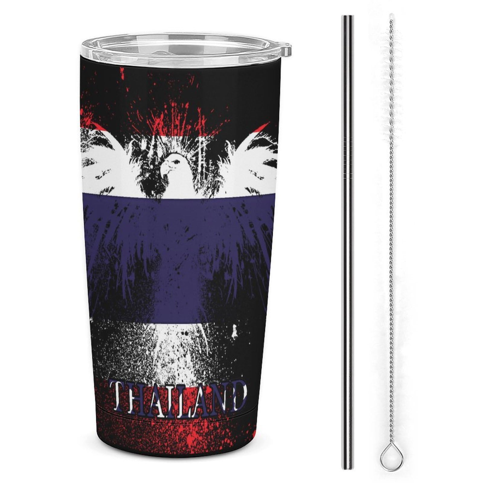 Thailand Flag America Eagle Insulated 20 Oz Stainless Steel Tumbler, Vacuum Double Wall Travel Car Cup with Straw Lid for Men Women Coffee Gifts