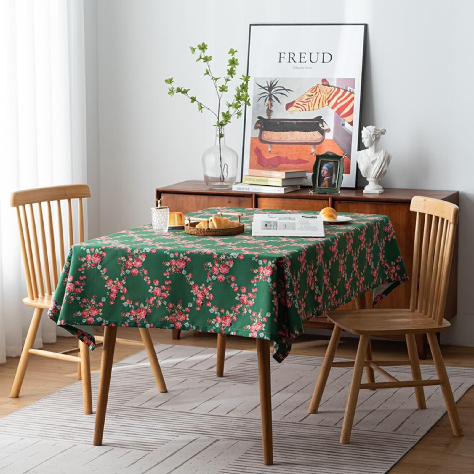 Tovaglia Quadrata Fiori, Tovaglia Cucina Vintage Verde Poliestere Copri Tavolo 135X135CM per Soggiorno