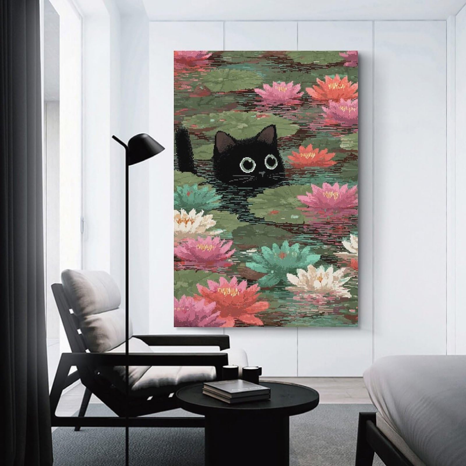 Junmoney Wall Picture Print Black Cat in Lily Pond Pixel Art, 24x36inch(60x90cm), for Workspace Walls, Study Corners Or Bedrooms, A Smart Decor Choice for Study Walls