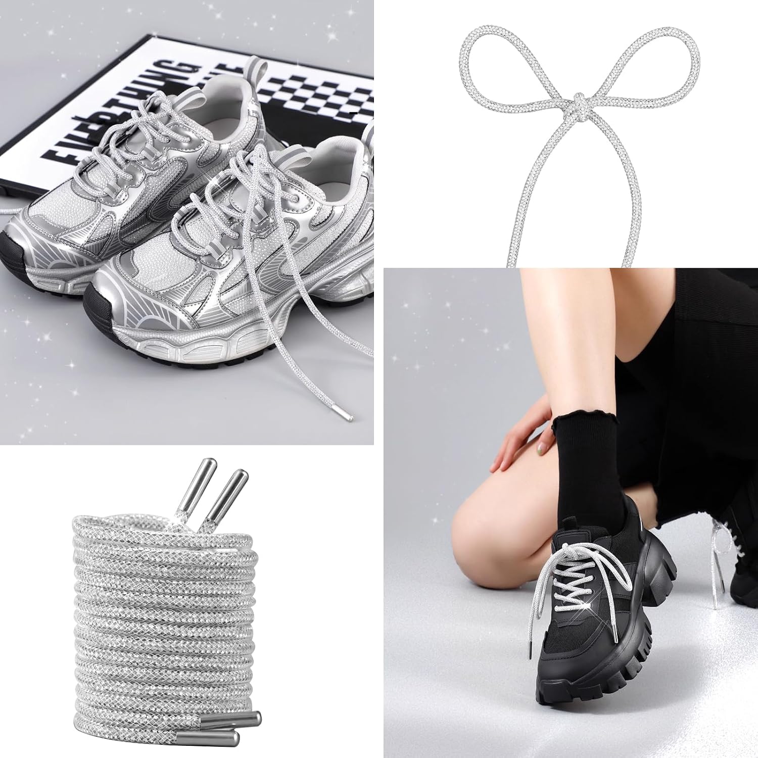 2PCS Glitter Rhinestone Shoelaces Hoodie Strings,Sparkly Crystal Round Drawstring Replacement Ropes for Sneakers,Sweatpants,Bags,Jackets and Bling Accessories(White) image 4
