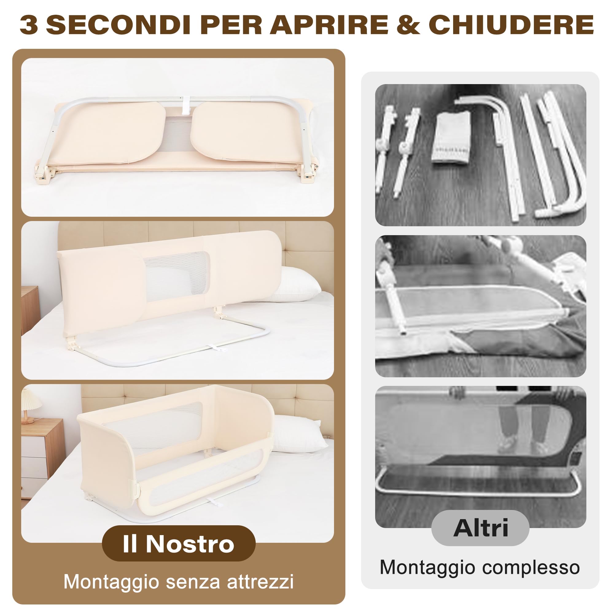 Sponda Letto Bambini 2 in 1 Pieghevole 185cm, Sbarra Letto Barriera Lettino o Cododo Lettino con Borsa Trasporto per Viaggi o Vacanze, Senza Installazione, Facile da Trasportare - Crema