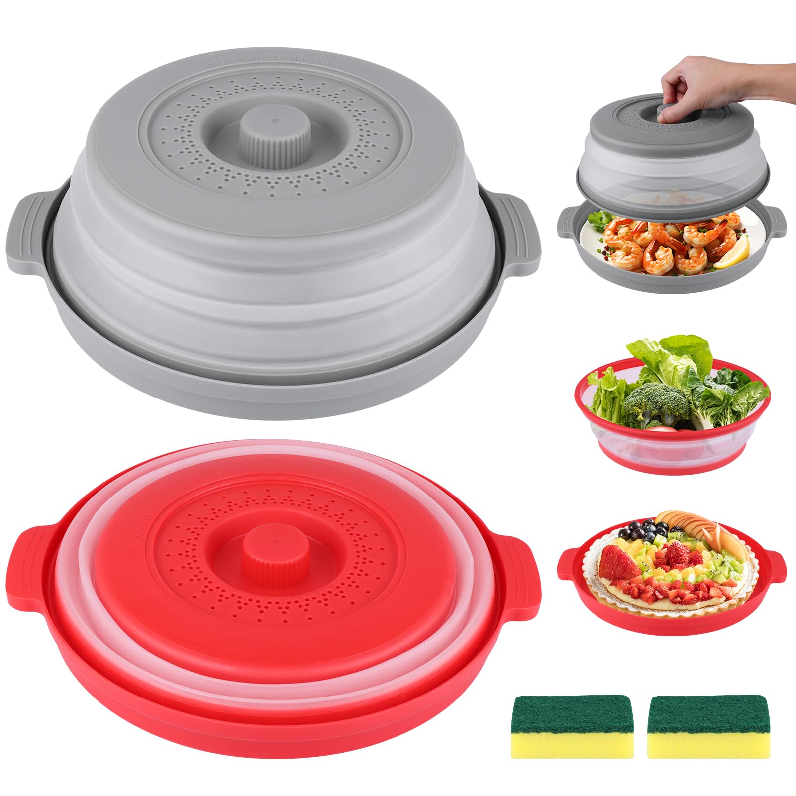 Vandicka Pack of 2 Microwave Covers with Tray, 26.8 cm High Temperature Resistant Splash Guard with Steam Holes, 2-in-1 Foldable Microwave Splash Guard Cover, Microwave Lid, in Red & Grey