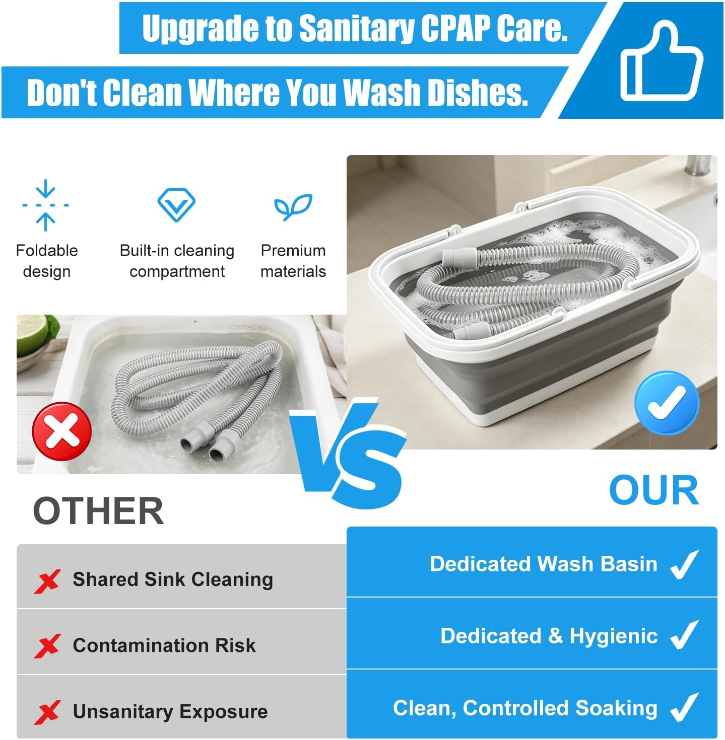CPAP Hose & Mask Cleaning Kit 11Pcs for Hose & Mask, with Variable-Speed Hose Dryer, Collapsible Wash Basin, Hanger, Long Brush, and Carry Bag, for 22mm & 15mm Tubing