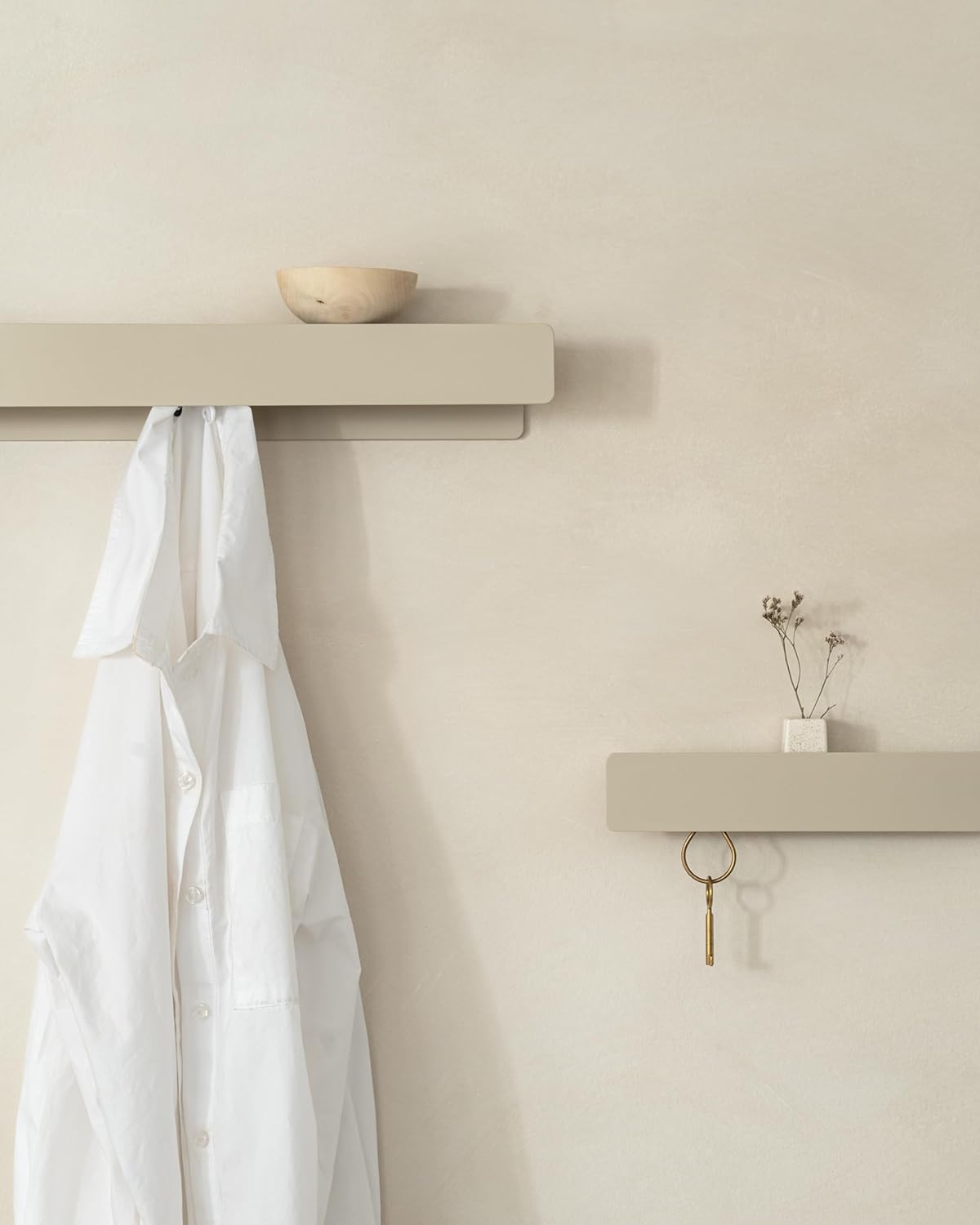 Kazai. Coat Rack Wall Mount 'Kian' | Modern Coat Rack with Hidden Hooks and Shelf | Designer Metal Wall Mounted Clothes Hook | Heavy Duty Entryway Wall Hanger | Taupe