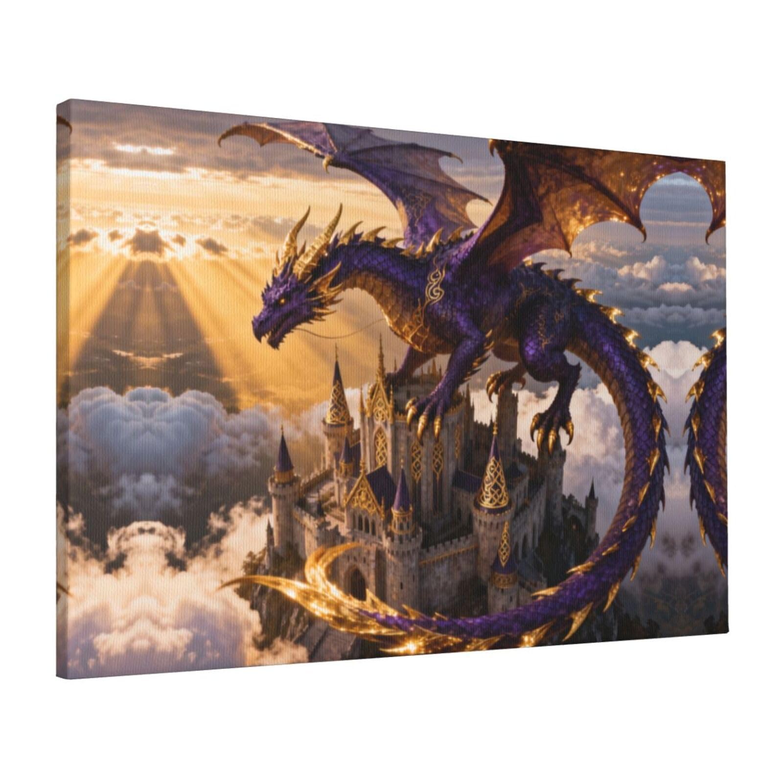 CNTDBU Dragon Castle Sky Canvas Wall Art 16x24 Inch-Large Modern Painting Print for Living Room, Framed Ready to Hang Artwork for Bedroom