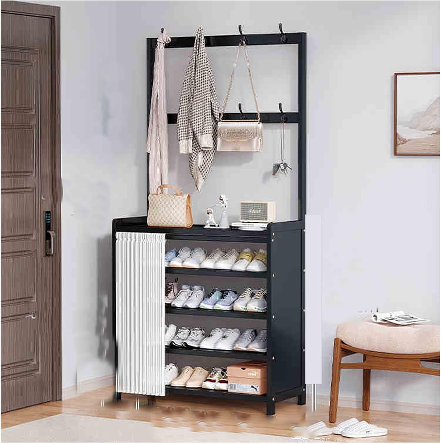 Bamboo Shoe Rack and Coat Hanger Organizer with Multi Functional Storage (Black 70cm/24.7in)