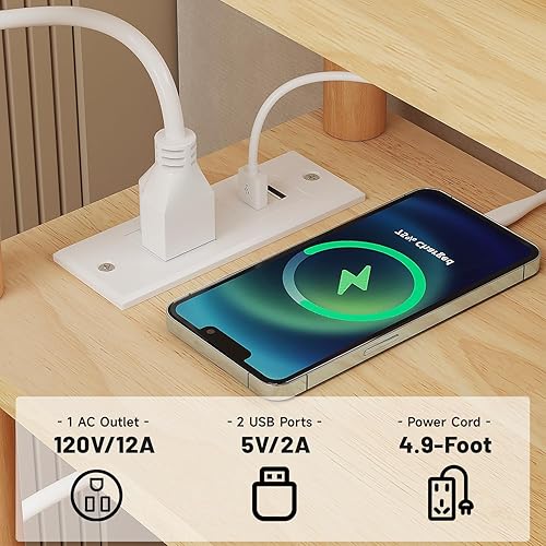 Miniatura 6 de LUCKNOCK Mesa auxiliar de madera maciza con estación de carga, mesa auxiliar pequeña de 3 niveles con puertos USB y tomas, mesa auxiliar estrecha