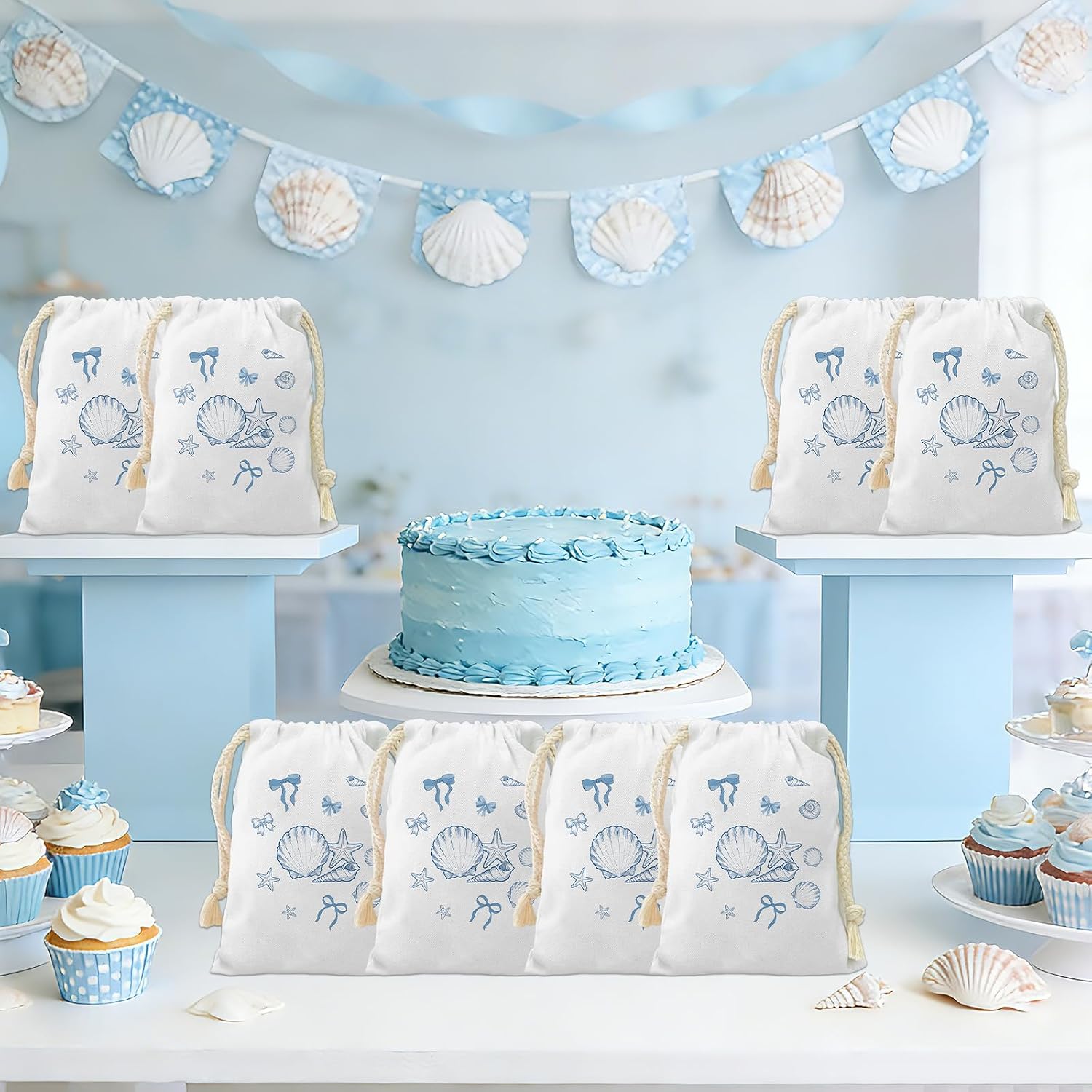 12PCS 5.9×7.9Inch Seashells and Wedding Bells Party Favors Cotton Gift Bags with Drawstring Blue Bow Seashell Candy Treat Goodies Bags for Beach Ocean Bachelorette Birthday Wedding Party Favors image 4
