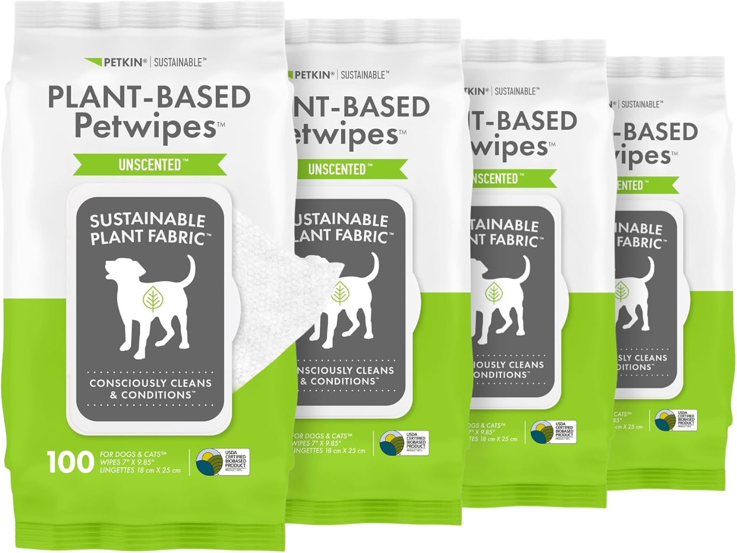 Petkin Plant-Based PetWipes, 100 Wipes, 4 Pack - Biobased, Sustainable, Big & Thick Pet Wipes for Dogs & Cats - for Face, Paws, Ears, Body & Eye Area - Consciously Cleans & Conditions - Unscented