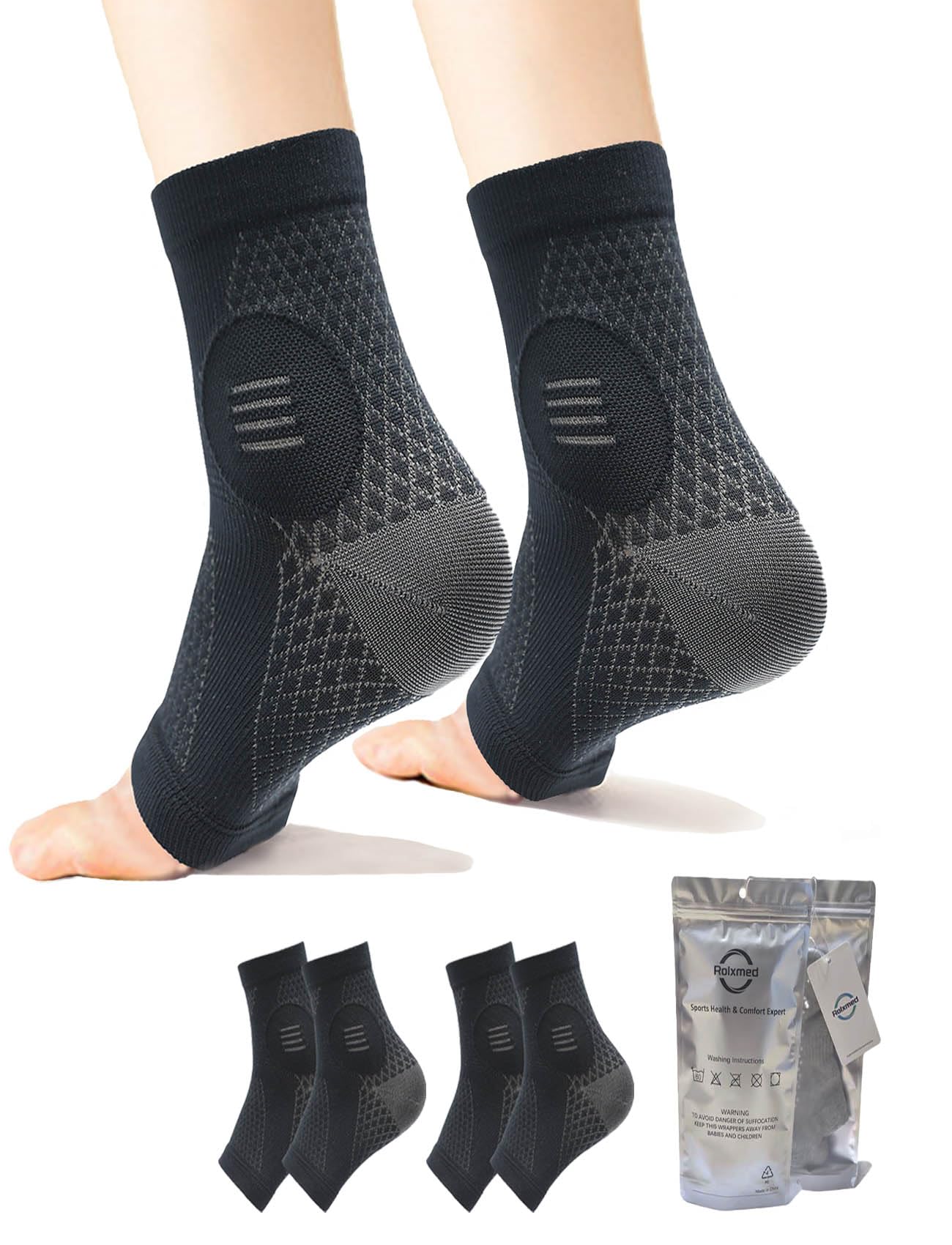 Rolxmed Ankle Support Brace Compression Sleeves for Plantar Fasciitis Neorapathy Relief Sport Socks for Men & Women (2Pairs) (Black*2, L)