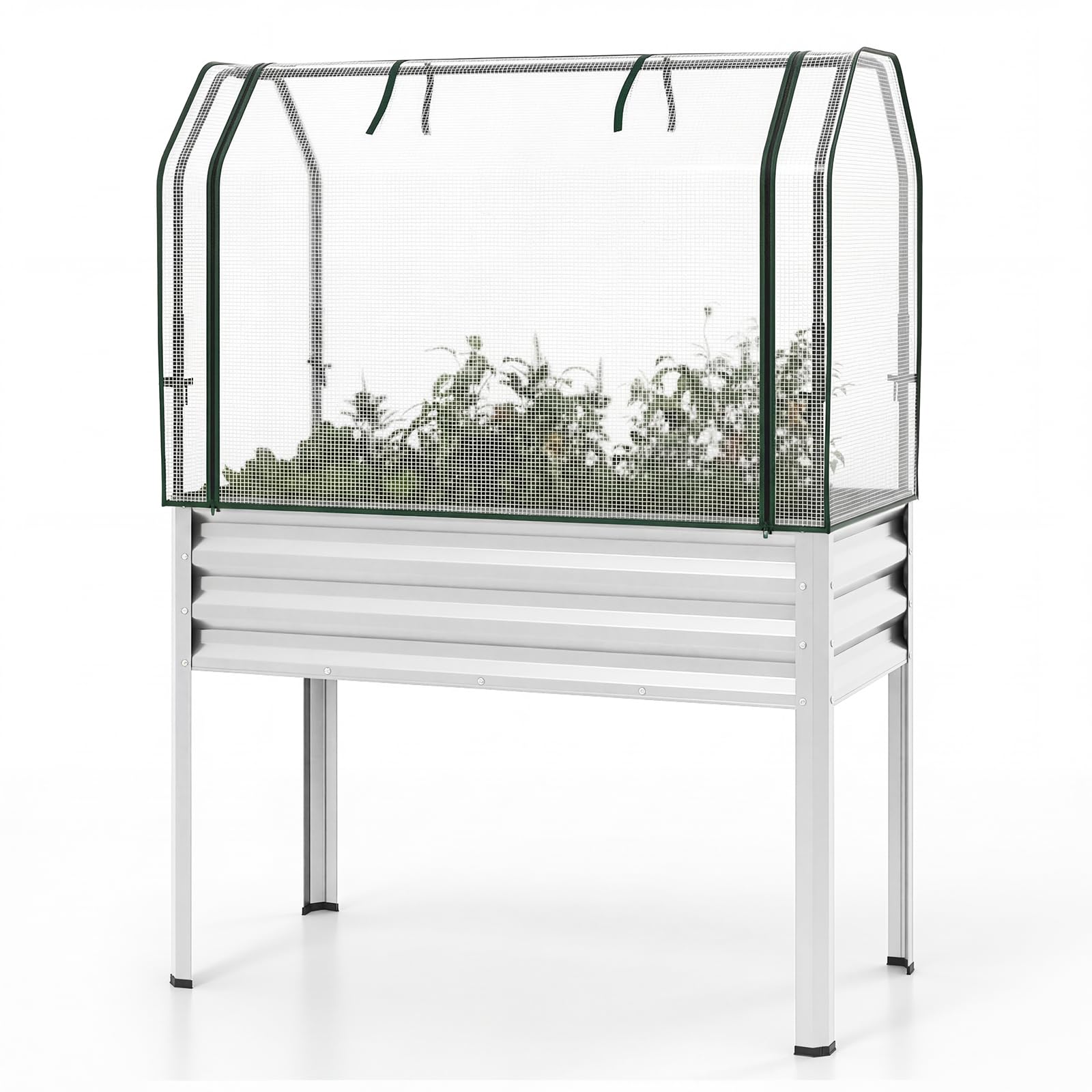 FANTASK Skrzynka na rośliny 3 w 1 z pokrywą PE, 112 x 55 x 152 cm, podwyższona grządka z zwijanymi drzwiami, grządka ogrodowa z ocynkowanego metalu, grządka na rośliny, grządka ziołowa do ogrodu, na