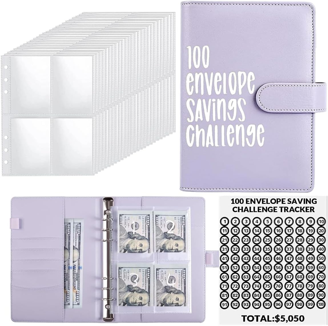 HASTHIP® A5 Budget Binder for 100 Days Money Saving Challenge PU Leather Reusable Planner with 100 Cash Envelopes, Stickers & Labels for Short-Term Goal Tracking & Financial Discipline