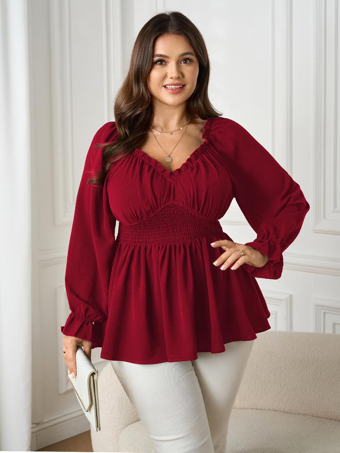 SCOMCHIC Womens Plus Size Tops Long Sleeve Blouse Ruffle Sweetheart Neckline Smocked Peplum Babydoll Top - Image 3
