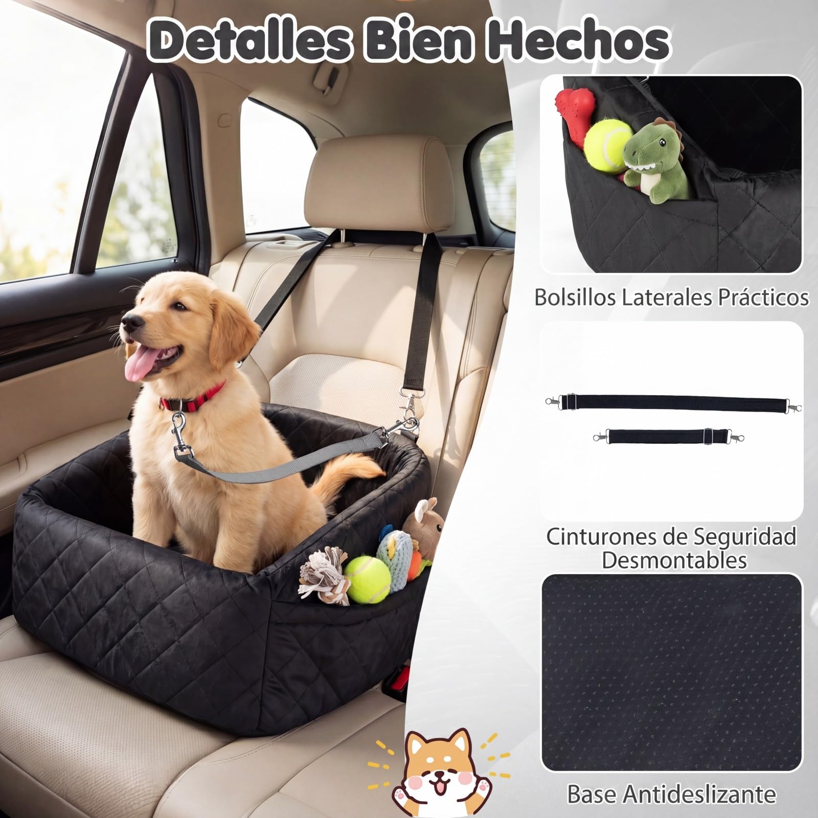 COSTWAY Asiento de Coche para Perros Pequeños y Medianos, Transportín Perro Coche con Correa de Seguridad, Bolsillos de Almacenaje, Base Antideslizante y Funda Lavable, 50 x 46 x 30 cm (Negro)