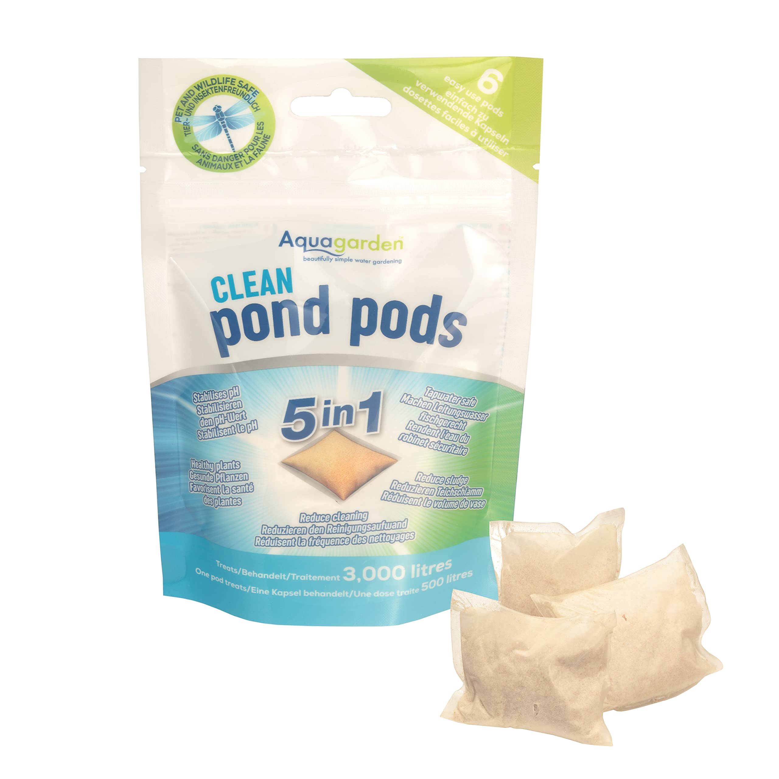 Aquagarden 8841 Clean Pond Pods, Limite Les boues du Bassin, Rend l’Eau du Robinet sûre, réduit la fréquence de Nettoyage du Filtre, Plantes saines, stabilise Le pH, Paquet de 6