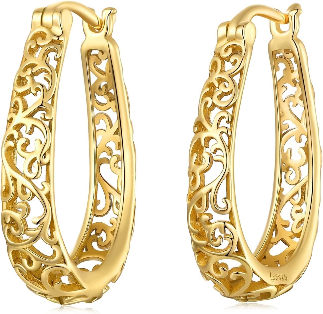 BISAER Gold Plated Filigree Hoop Earrings, 925 Sterling Silver Vintage Vine Earrings For Women Original Design Hypoallergenic Ear Jewelry Gift