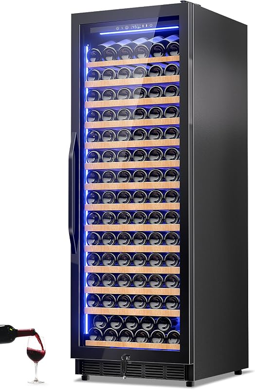 24" Wine Cooler Refrigerator Freestanding for 154 Bottles Black | 24 Inch Wide Large Capacity Freestanding/Built in Wine Fridge with Safety Lock, Professional Wine Cellar with Glass Door